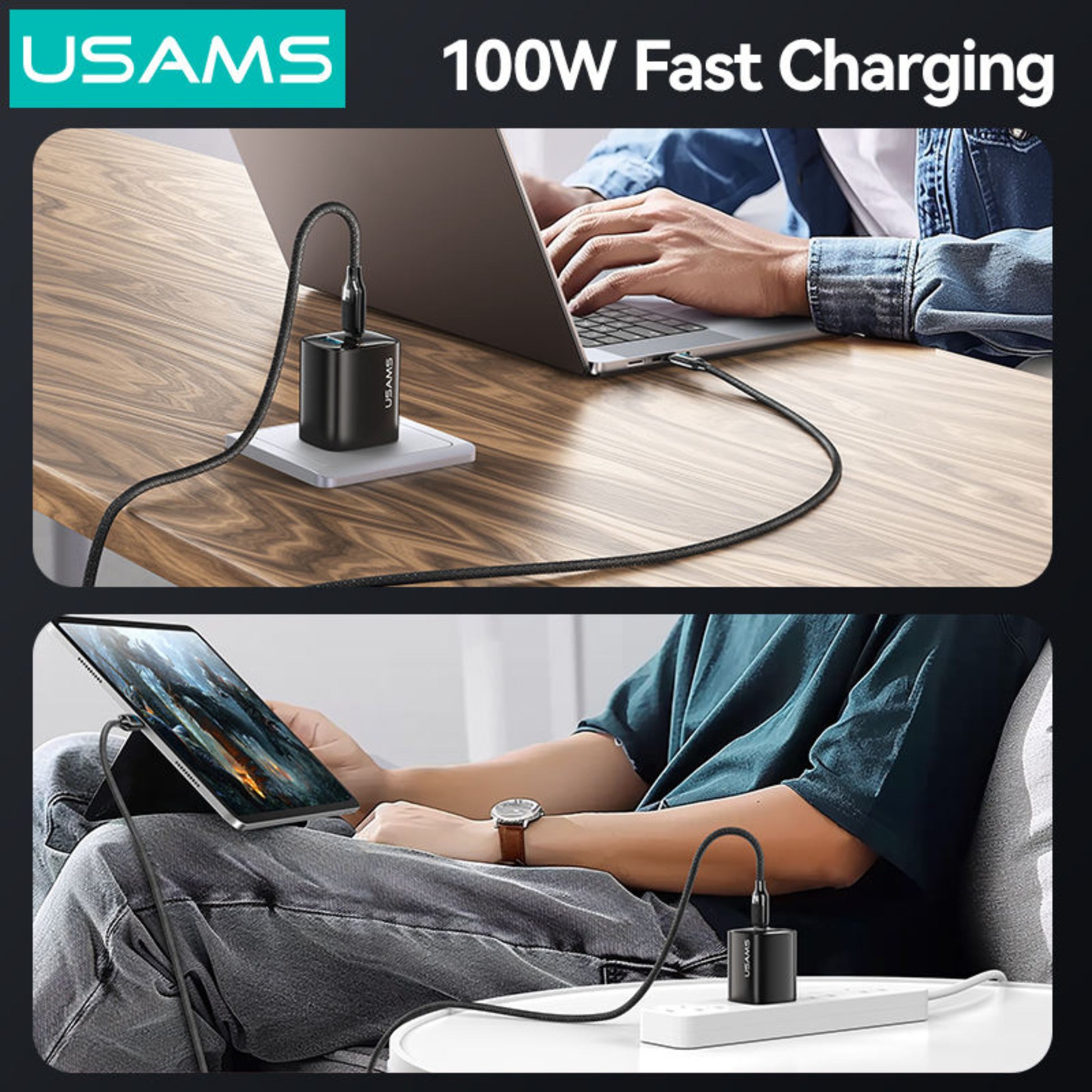 用戶在辦公桌使用 USAMS 100W Type-C 線為手提電腦充電，及在梳化為平板電腦快速充電。
