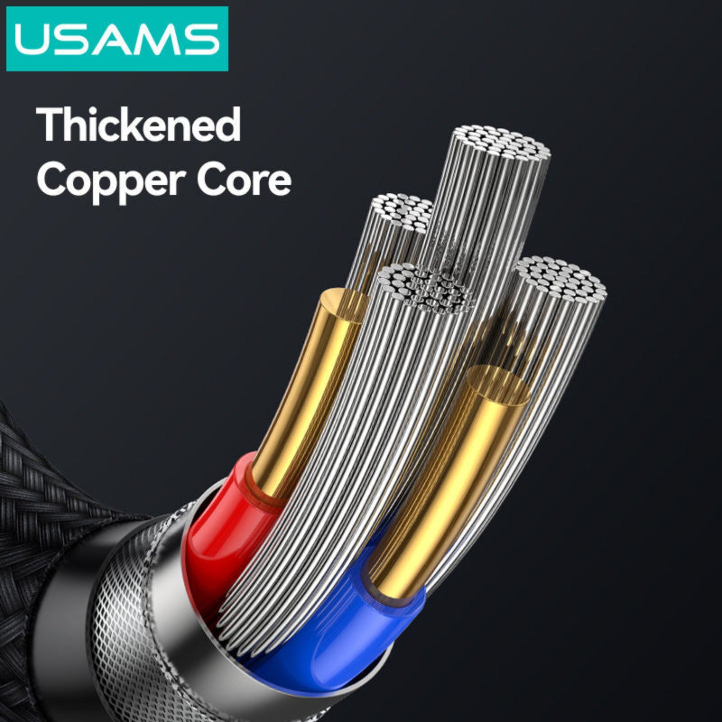 USAMS 100W 充電線內部結構剖析，採用加厚純銅線芯，確保大電流傳輸穩定安全。
