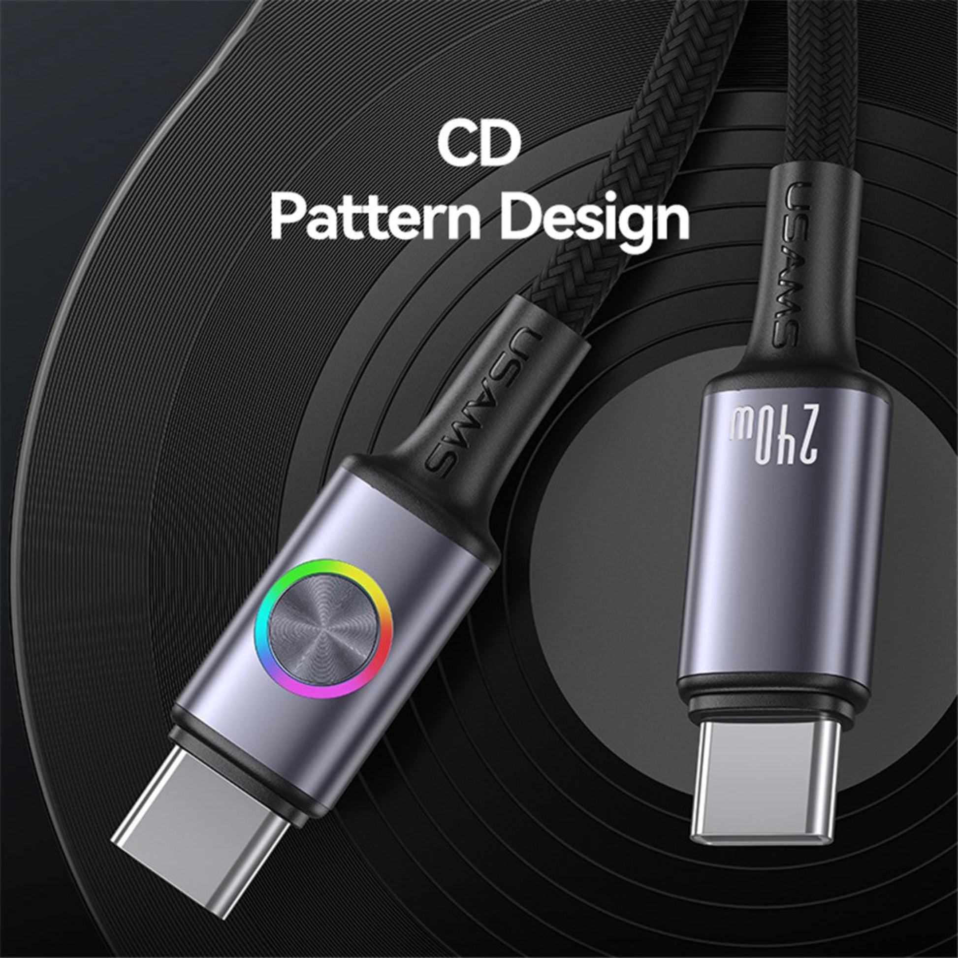 The USAMS cable's USB-C connector with its RGB light and CD pattern texture resting on a vinyl record to highlight its design.
