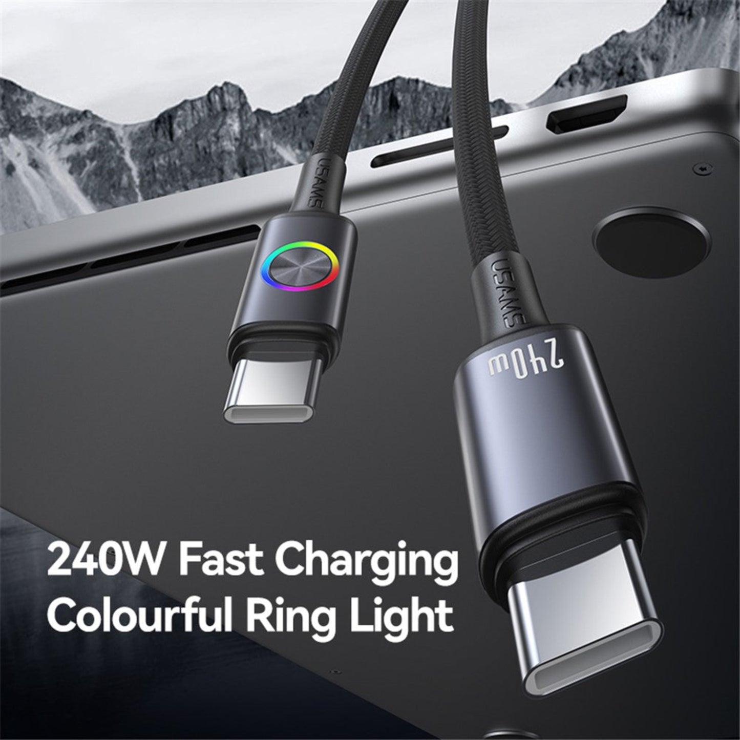 Two USAMS 240W USB-C cables with colourful ring lights plugged into a laptop, showcasing fast charging for high-power devices.