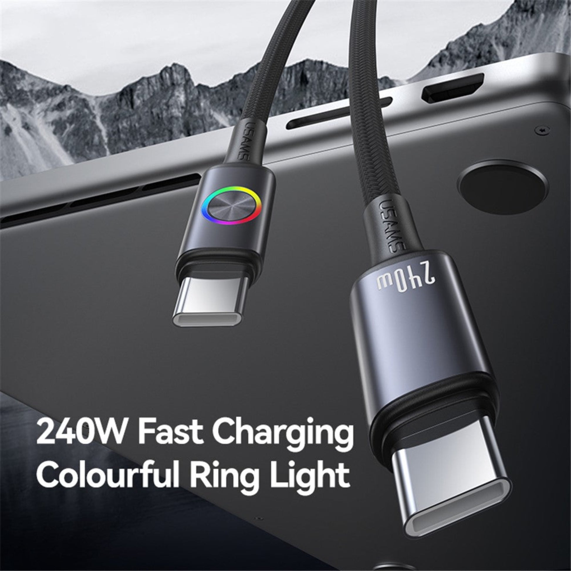 Two USAMS 240W USB-C cables with colourful ring lights plugged into a laptop, showcasing fast charging for high-power devices.