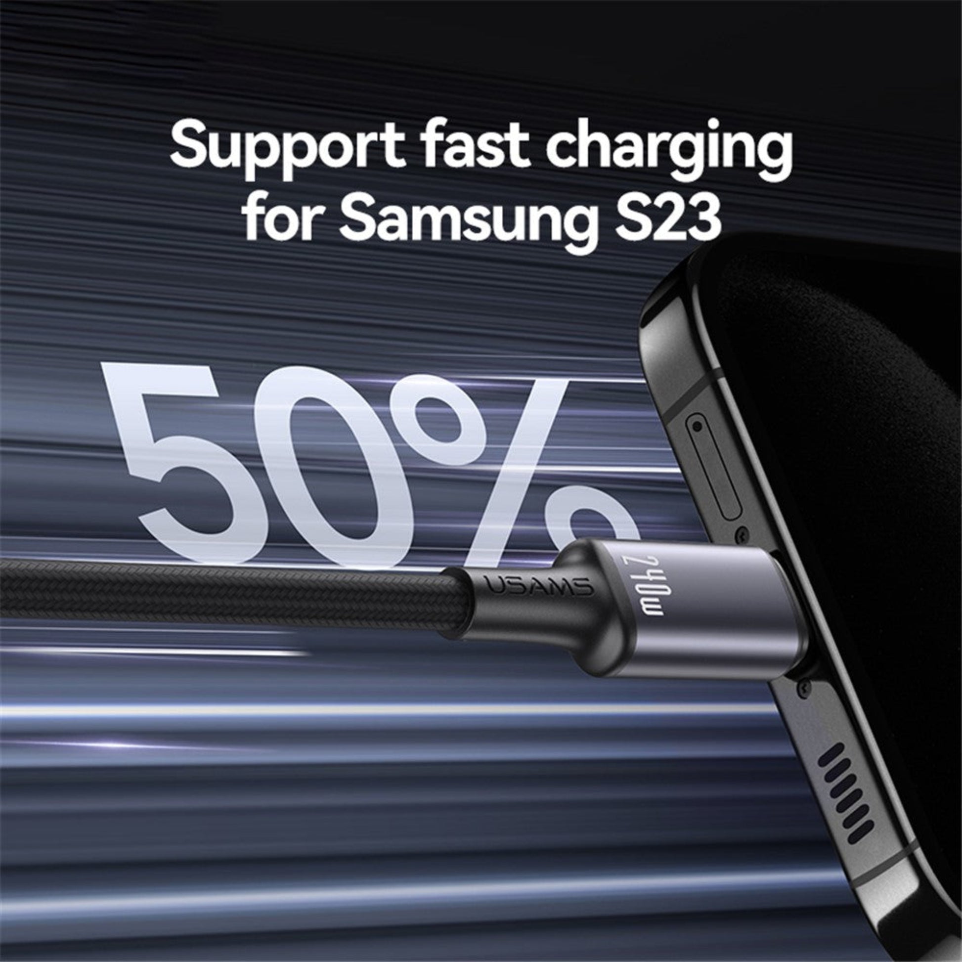 The USAMS cable fast charging a Samsung S23 smartphone, showing 50% charge to demonstrate its speed.