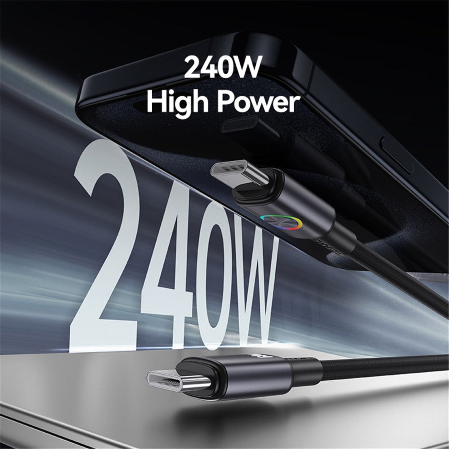 An image showcasing the USAMS 240W High Power capability with both a Type-C and Lightning connector version of the cable.