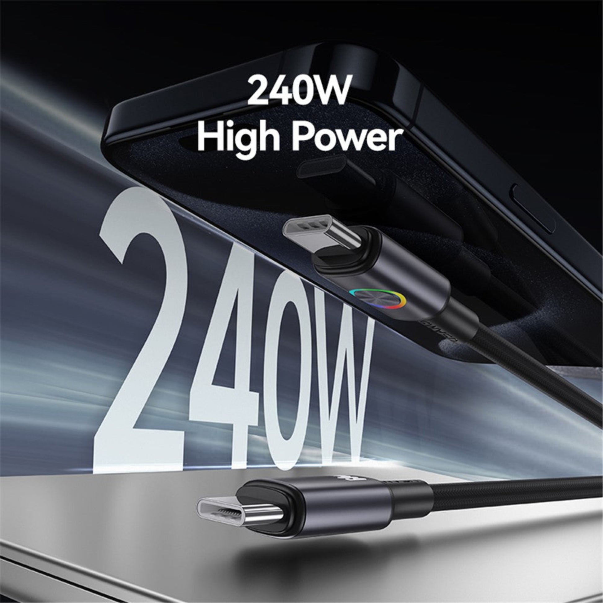 An image showcasing the USAMS 240W High Power capability with both a Type-C and Lightning connector version of the cable.