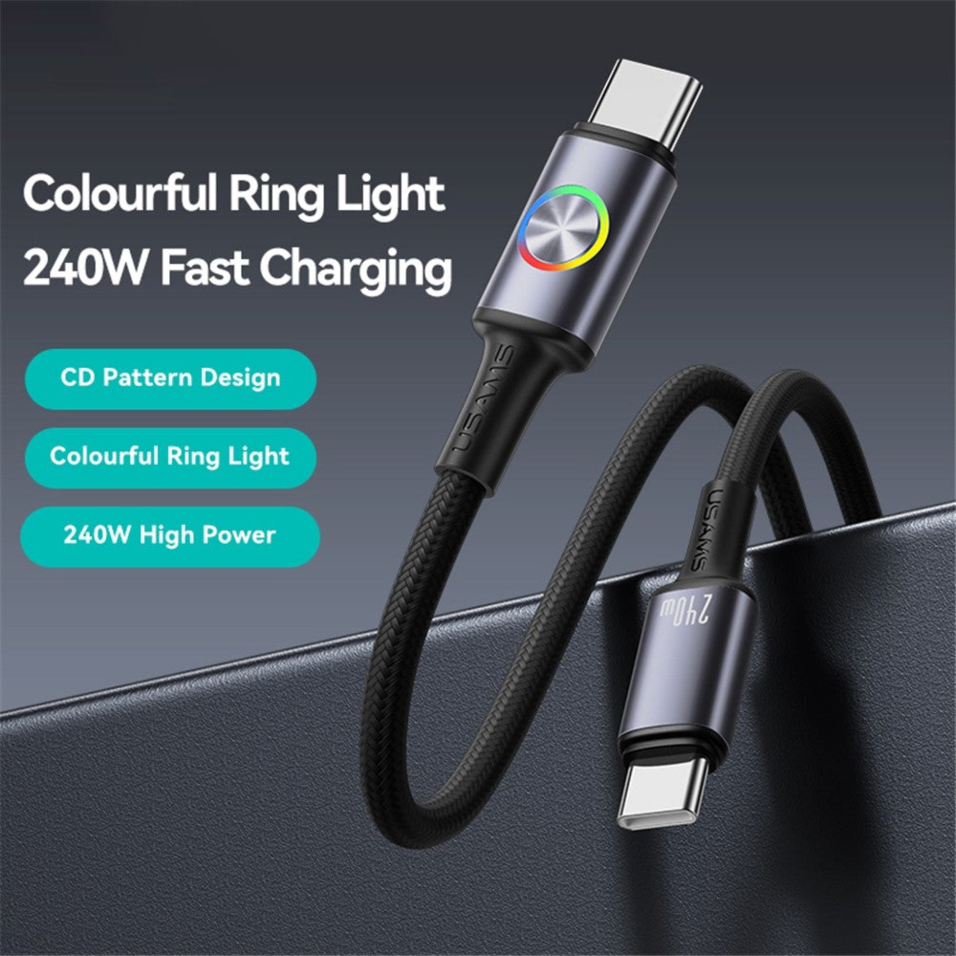 The USAMS 240W USB-C cable connector illuminated by a vibrant, colourful RGB ring light, set against a dark, textured background.