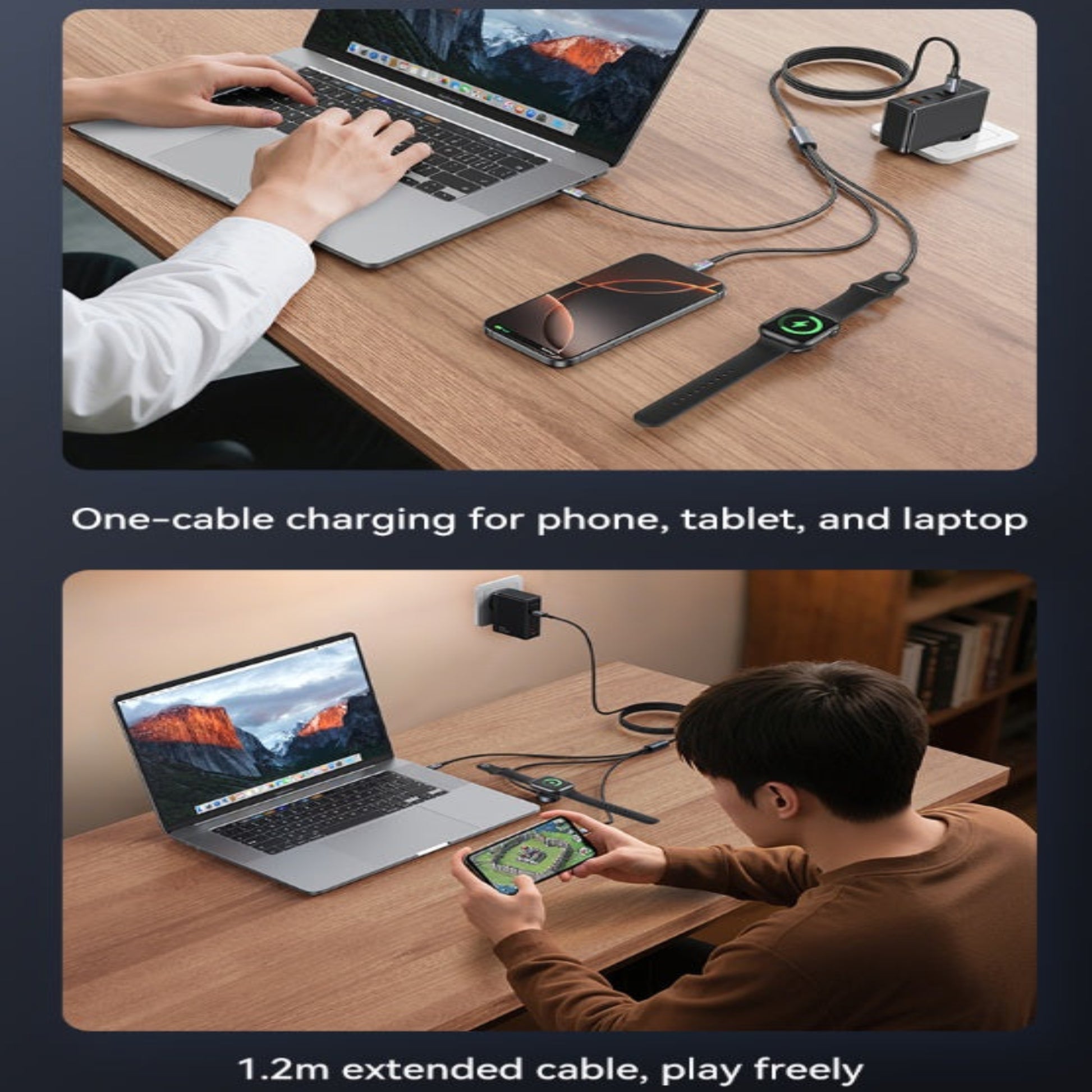 1.2m extended 3-in-1 cable for charging laptop, phone, and watch while working or gaming.