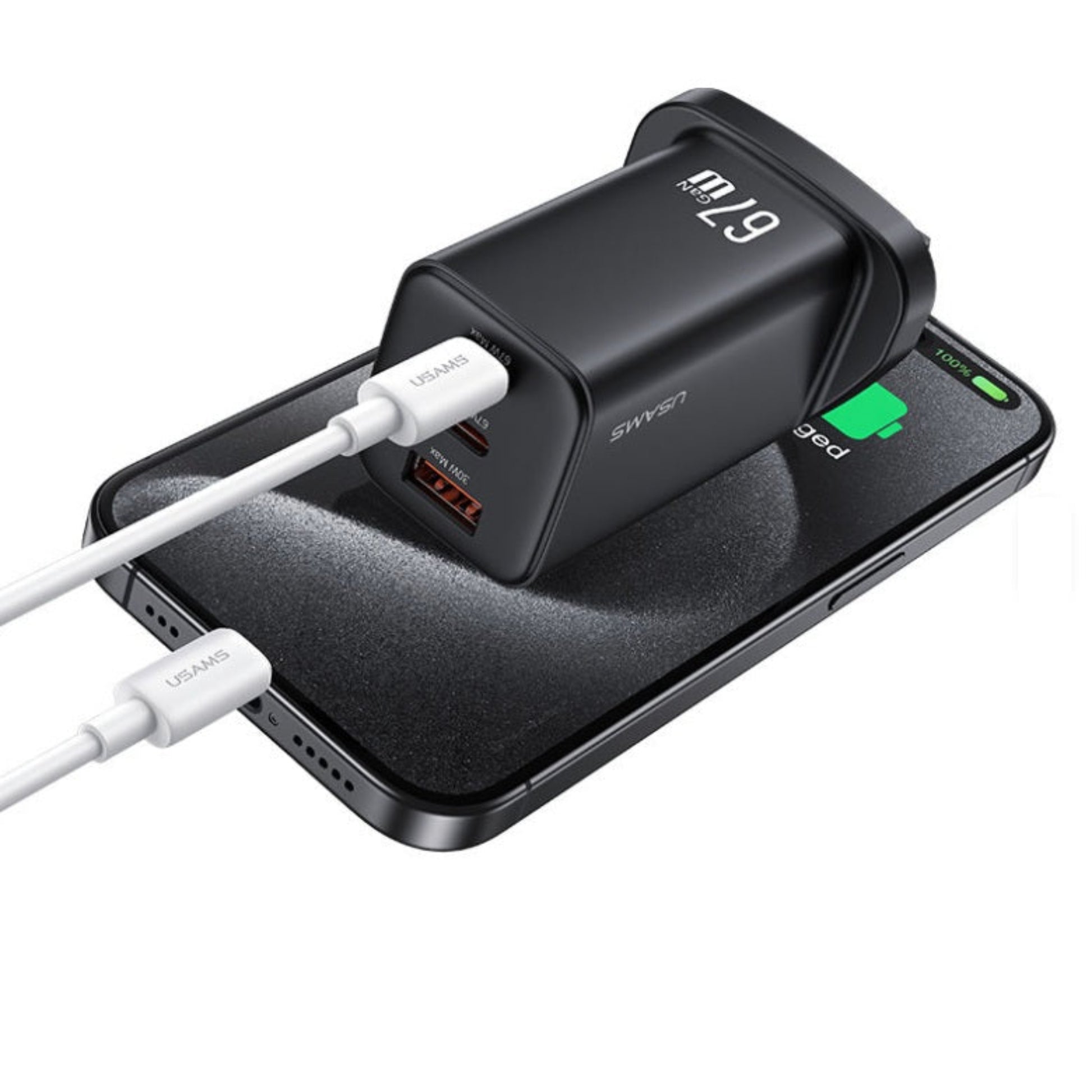 USAMS 67W multi-port charger rapidly powering a smartphone via USB-C cable.