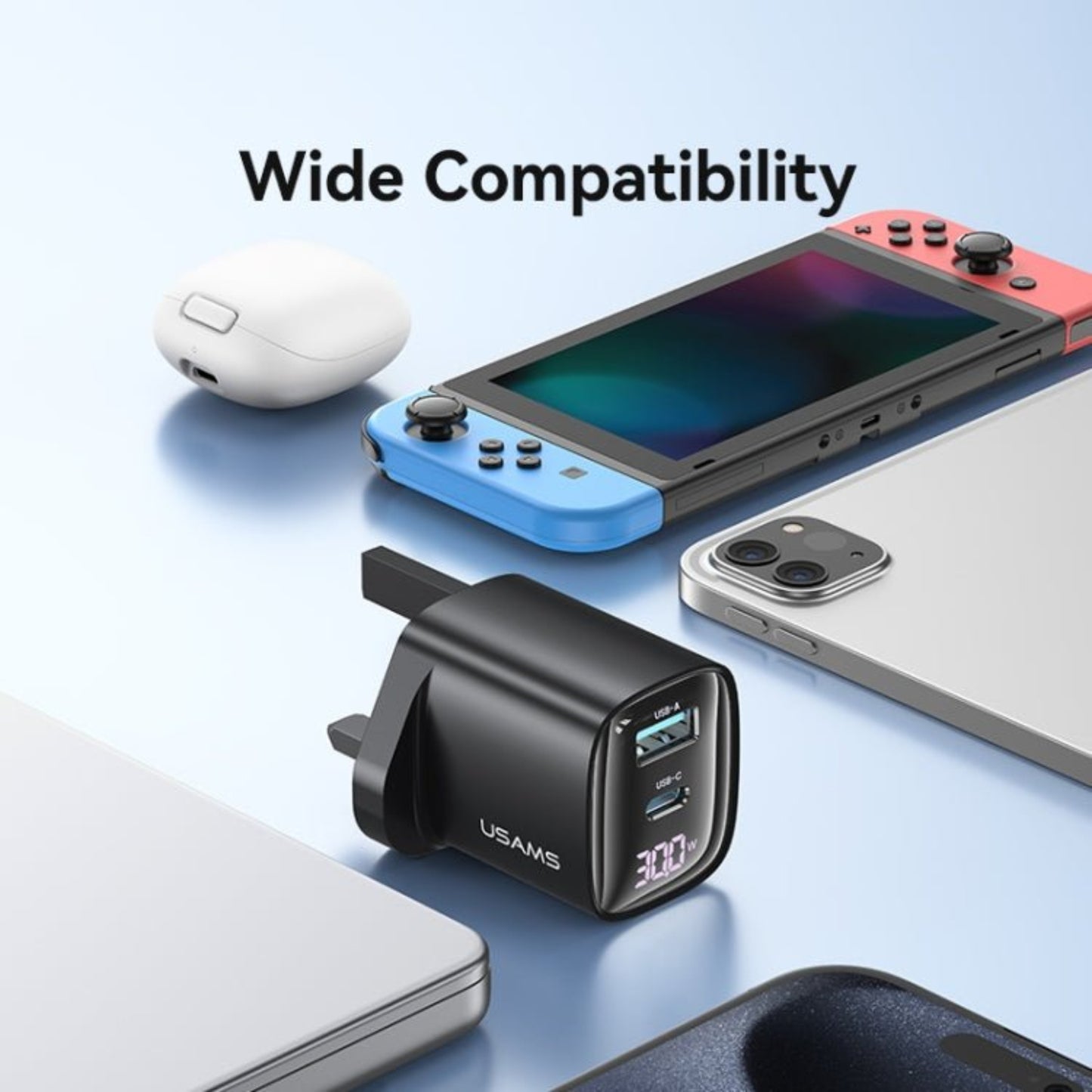 30W USB GaN Fast Charger with digital display, compatible with various devices like phones and tablets.