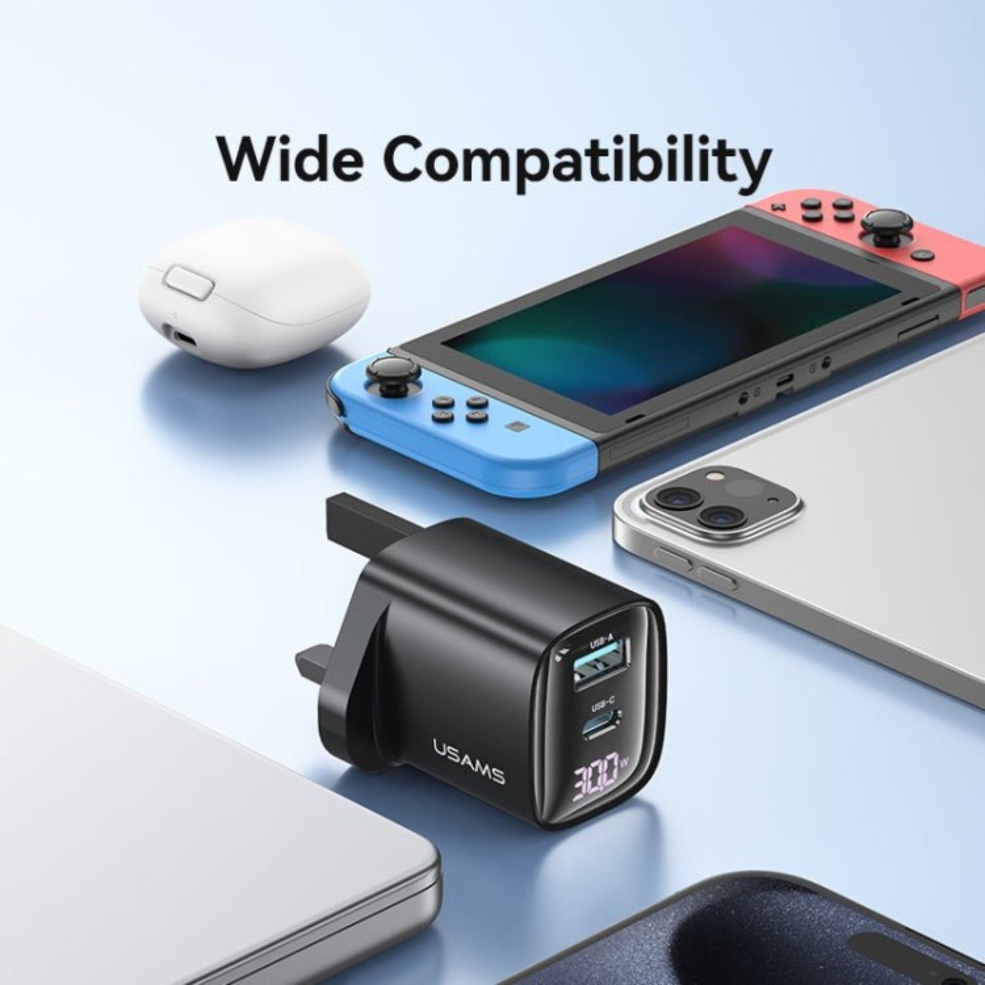 30W USB GaN Fast Charger with digital display, compatible with various devices like phones and tablets.