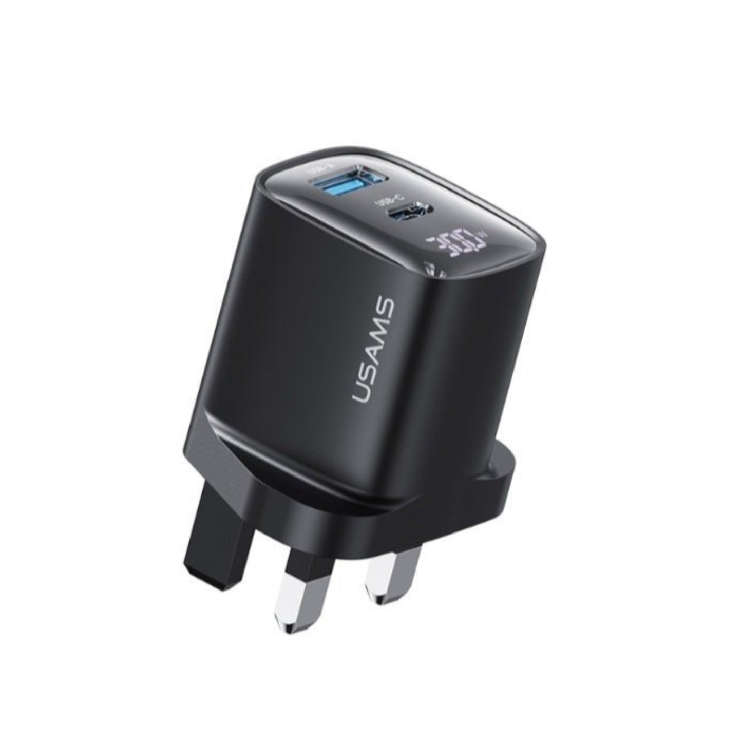 30W USB charger with digital display and two ports for fast charging mobile devices and tablets.