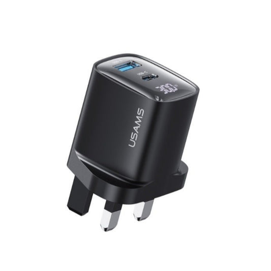 30W USB charger with digital display and two ports for fast charging mobile devices and tablets.