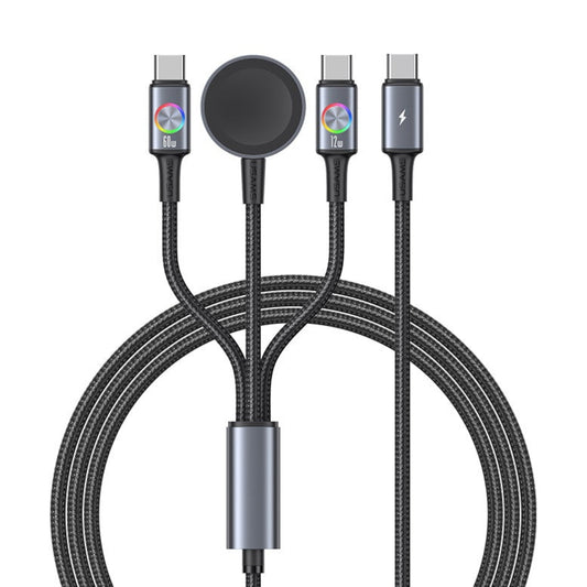 USAMS 72W 3-in-1 Type-C and Apple Watch charging cable showing multi-device charging.