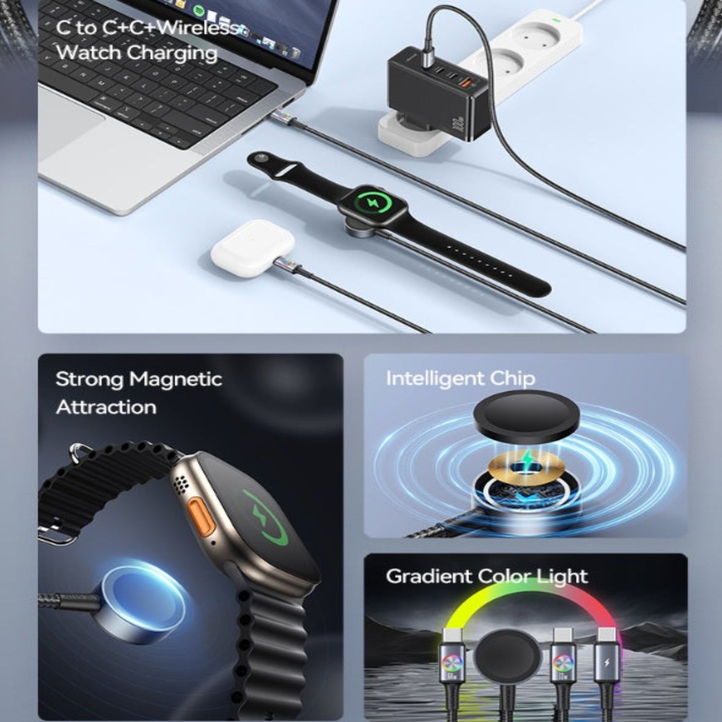 Desk setup showing USAMS 72W cable charging a MacBook, Apple Watch, and AirPods Pro simultaneously.