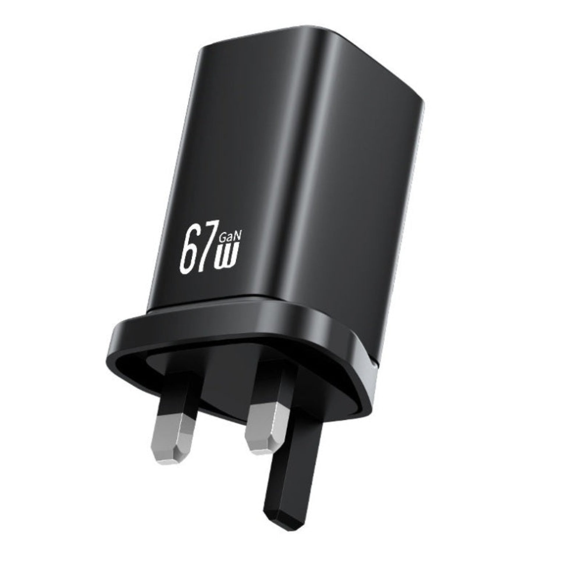 Angled view of the USAMS CC279 black 67W laptop charger.