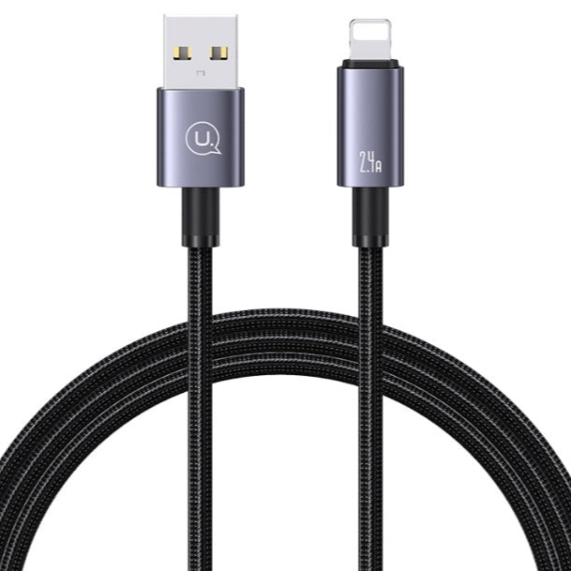 USAMS 2.4A Lightning to USB-A cable for iPhone & iPad, durable braided design, 1 meter length, black.