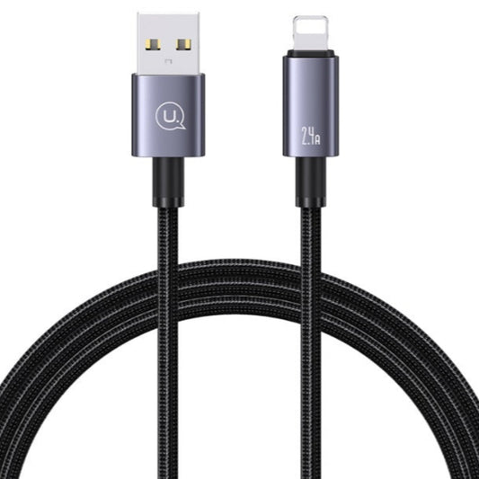 USAMS 2.4A Lightning to USB-A cable for iPhone & iPad, durable braided design, 1 meter length, black.