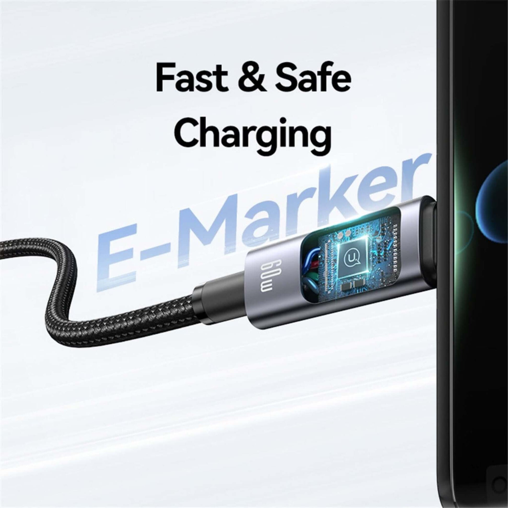 USAMS SJ713 60W fast charging cable with E-Marker chip, ensuring safe and efficient power delivery to devices.