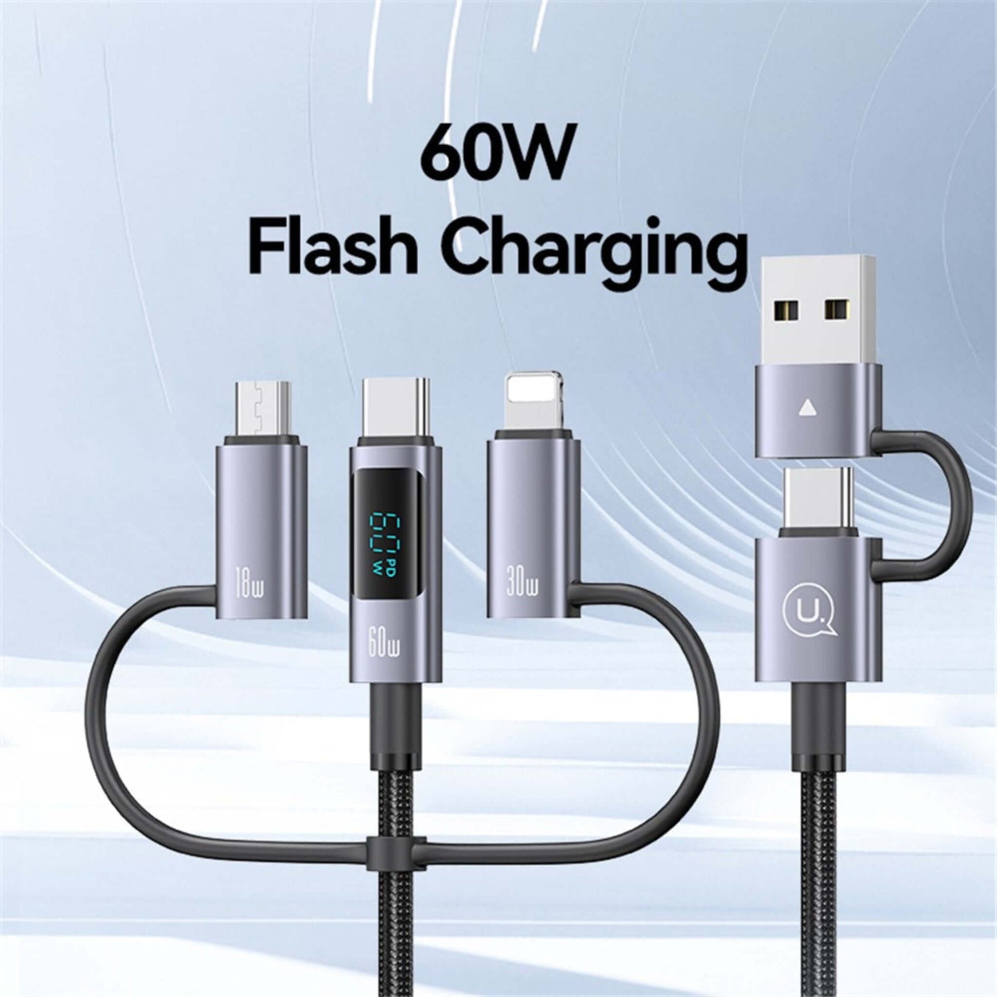 USAMS SJ713 60W Flash Charging cable, highlighting its versatile connectors and real-time digital display.