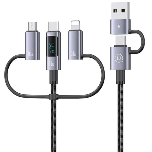 USAMS SJ713 6-in-1 multi-connector cable with USB-A, USB-C inputs and USB-C, Lightning, Micro USB outputs.