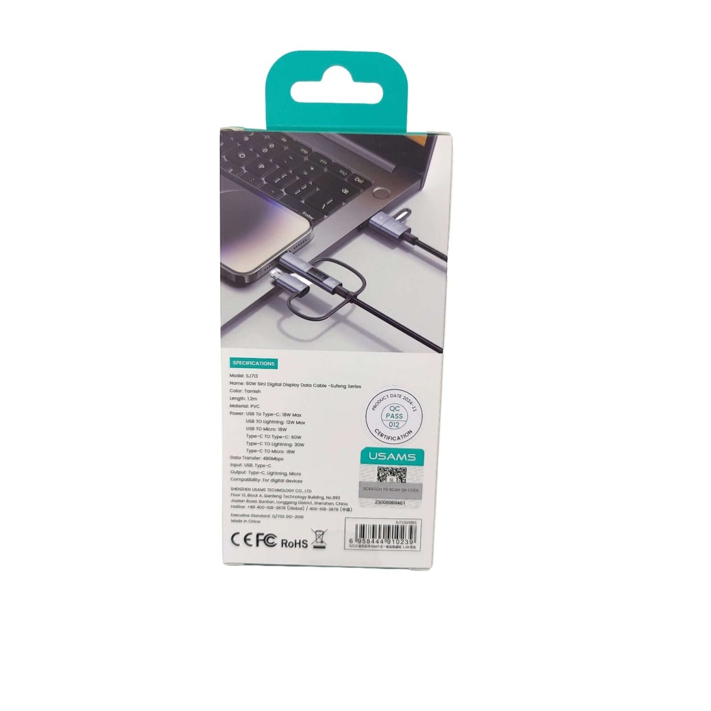 Back of USAMS SJ713 6-in-1 cable packaging showing detailed product specifications and certifications.