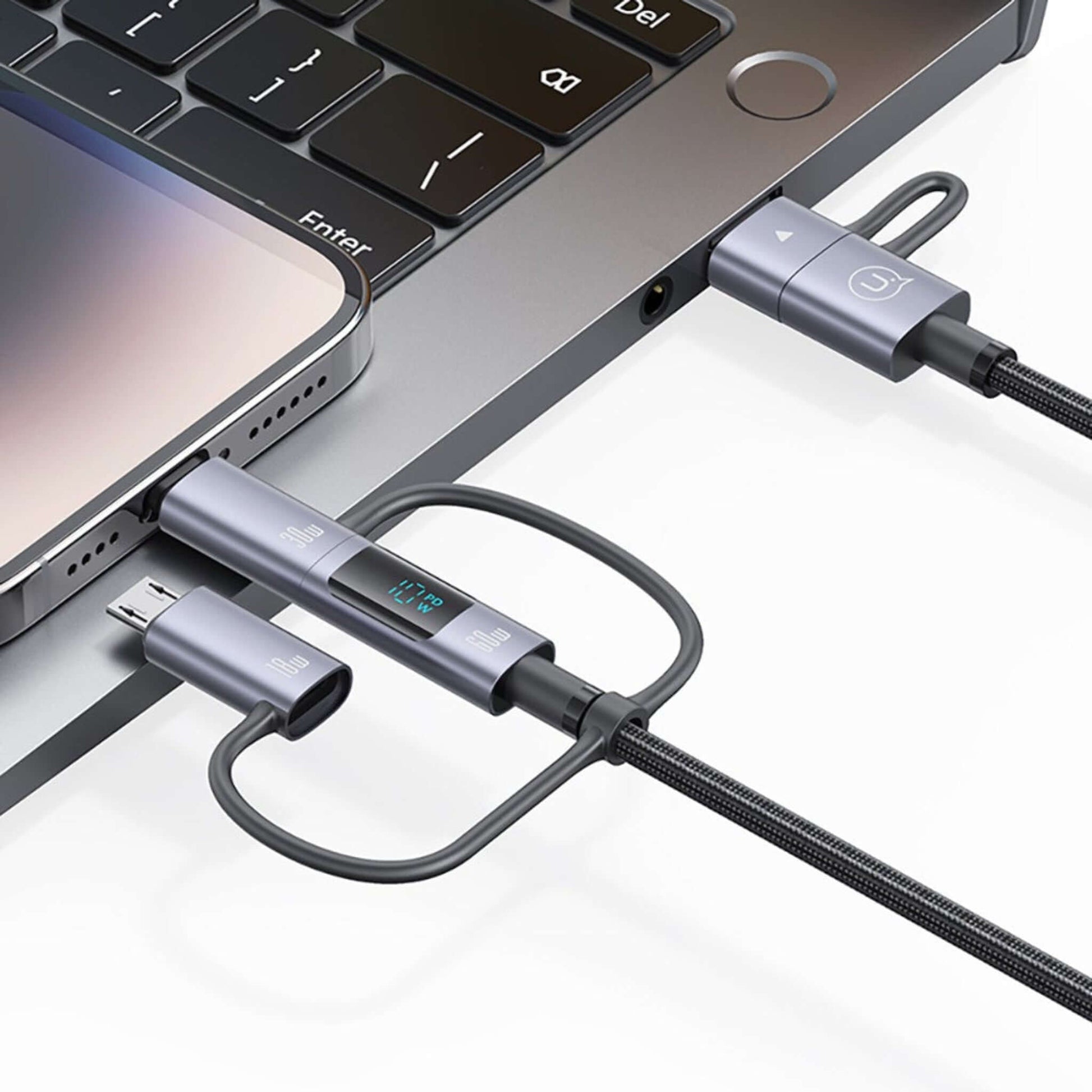 USAMS SJ713 6-in-1 cable connecting and charging a phone and laptop, demonstrating multi-device capability.