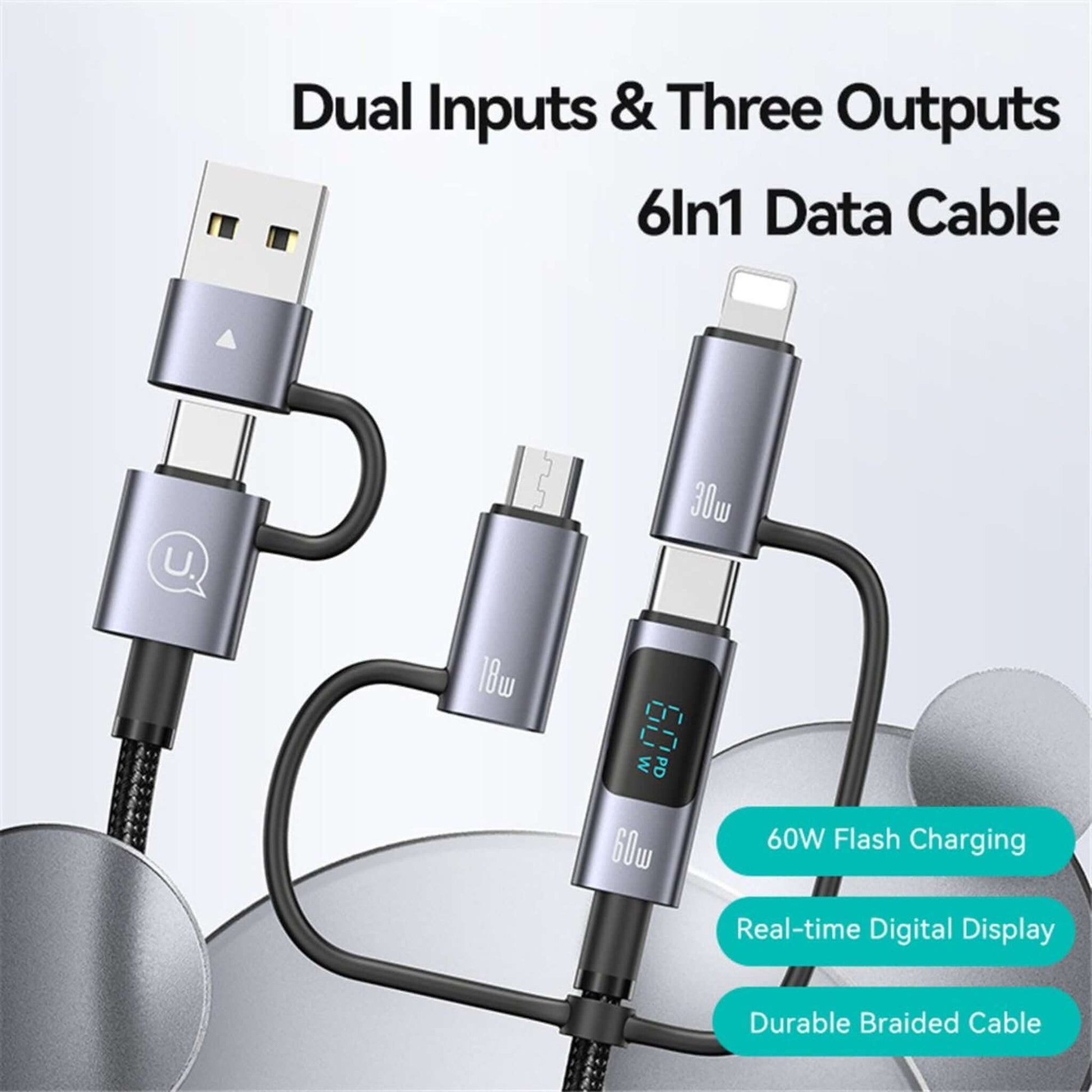 USAMS SJ713 6-in-1 data cable with dual inputs (USB-A, USB-C) and triple outputs, 60W flash charging.