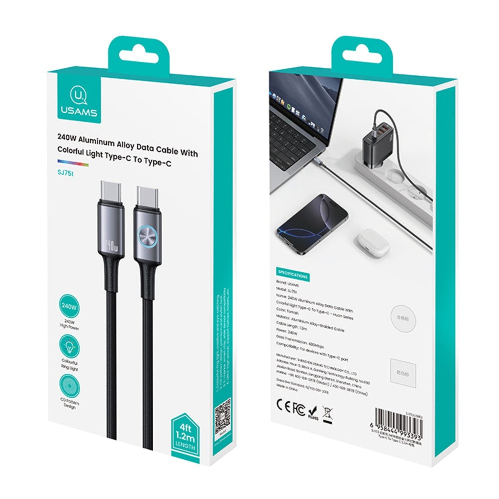 The front and back of the USAMS SJ751 240W Type-C cable retail box, showing product features and specifications.

