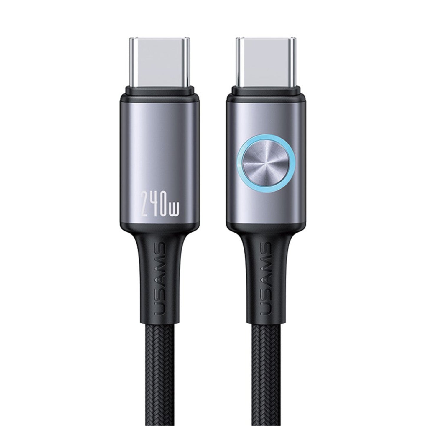 A close-up of the USAMS SJ751 240W USB-C to USB-C cable connectors, showing the aluminum alloy finish and CD pattern design.