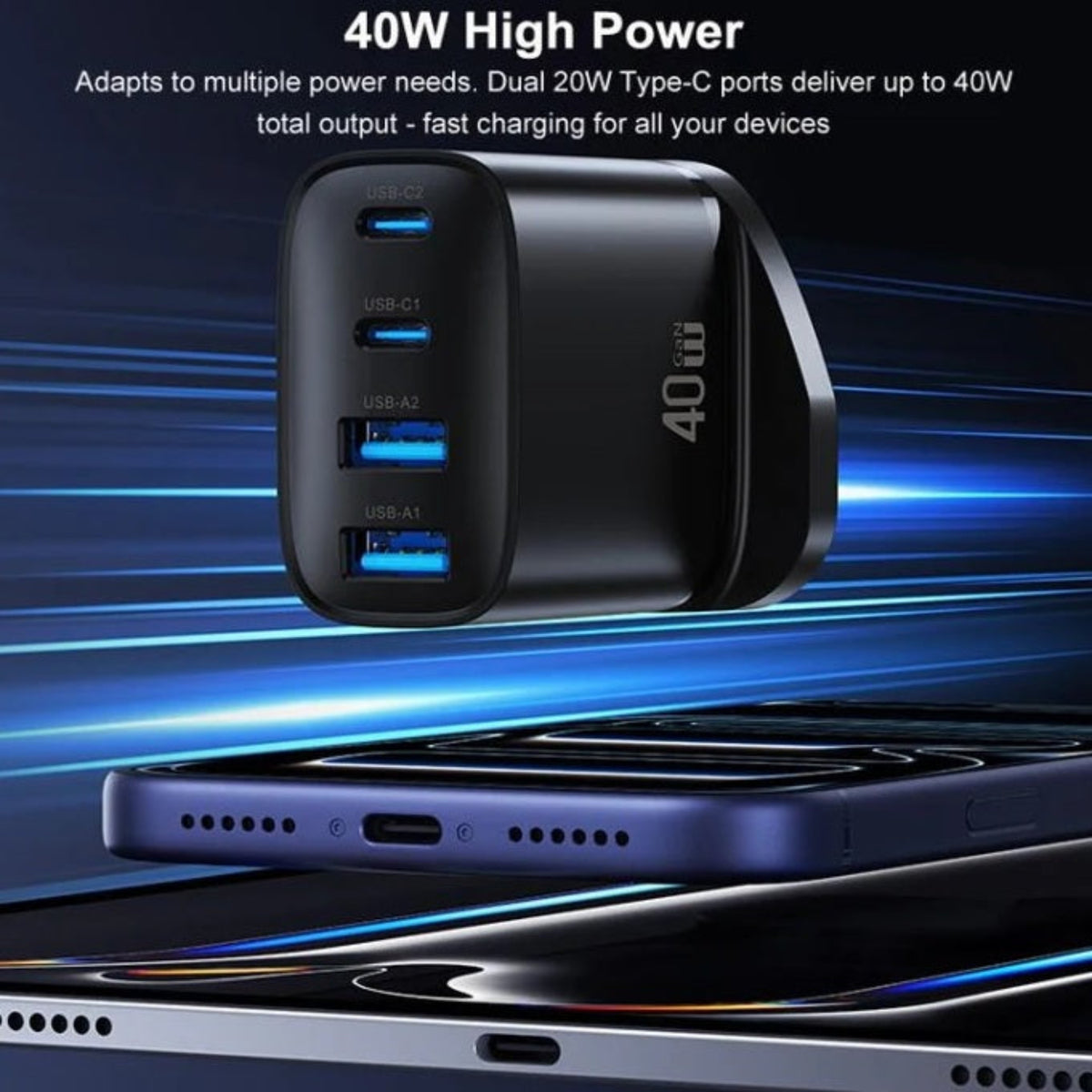 40W 總輸出功率，雙 Type-C 獨立插口最高支援 20W 快充。靈活應對多種電力需求，快速補充電力。
