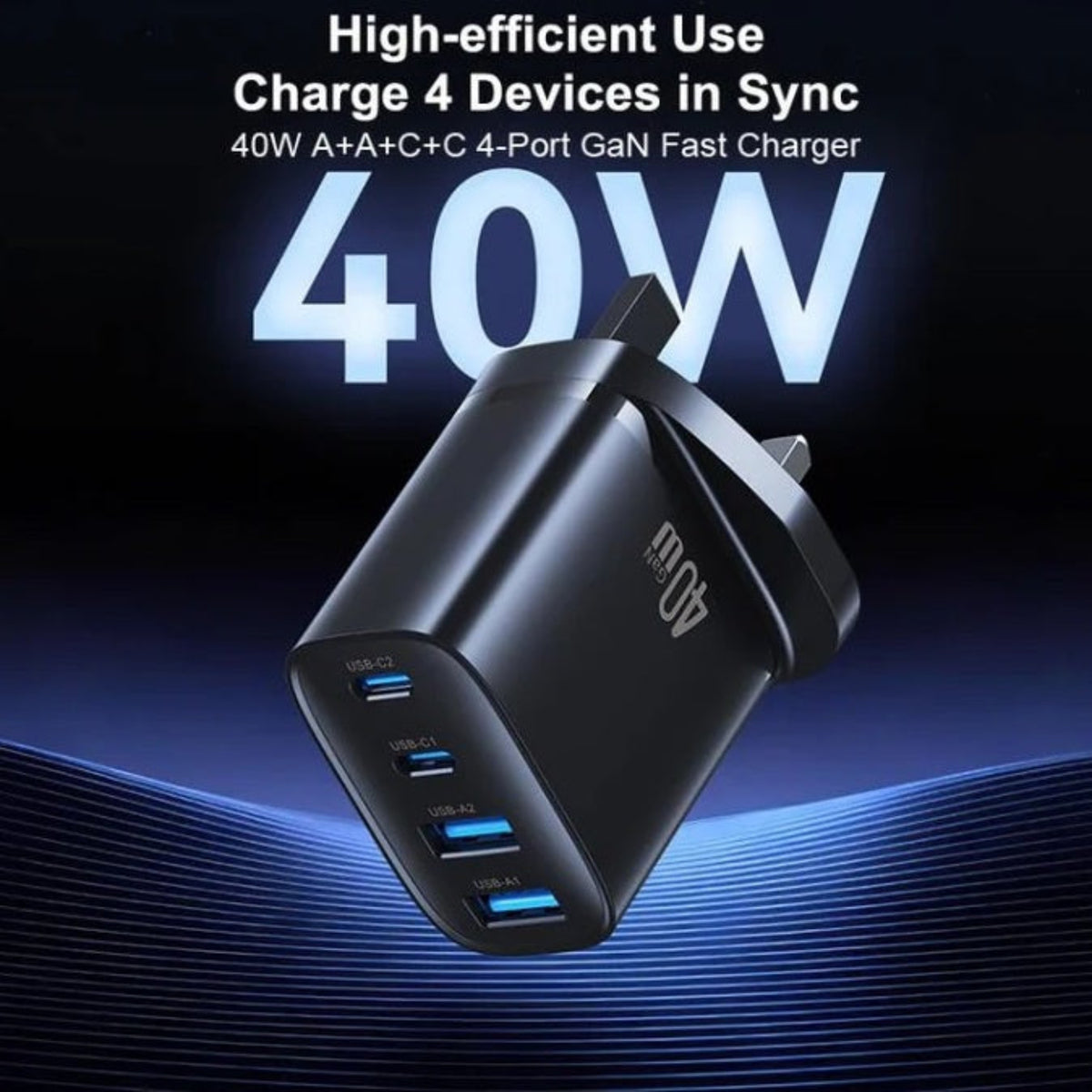 USAMS 40W GaN 快充支援 4 部裝置同時充電。配備 2 個 Type-C 及 2 個 USB-A 插口，高效便捷。