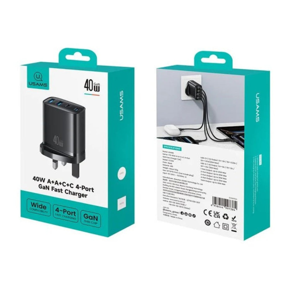 USAMS T70 40W GaN 4-Port 快充火牛原裝包裝盒外觀及規格。深水埗門市歡迎 即場試用。