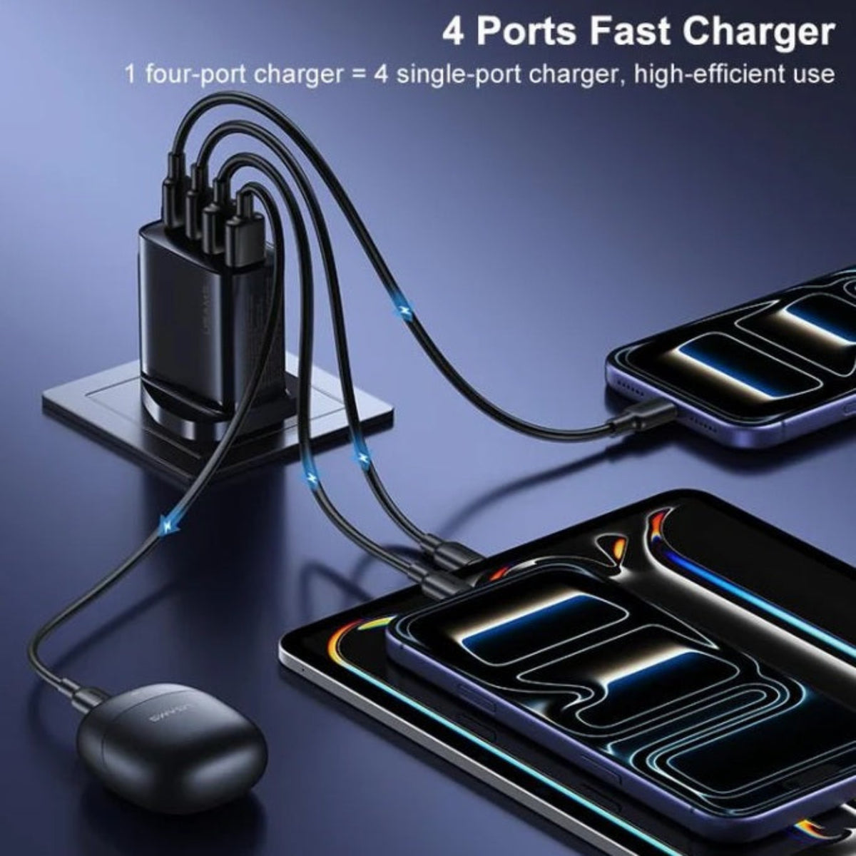 一個 4-port 叉電器即可同時為手機、平板及藍牙耳機快速充電。一機頂四機，適合香港家庭及多裝置用家。