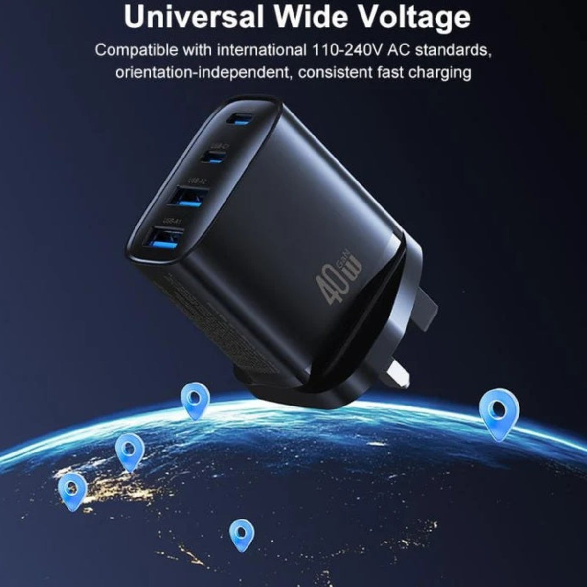 支援 110-240V 國際寬電壓標準。出國旅行或公幹皆可無縫使用，隨時隨地保持快充。