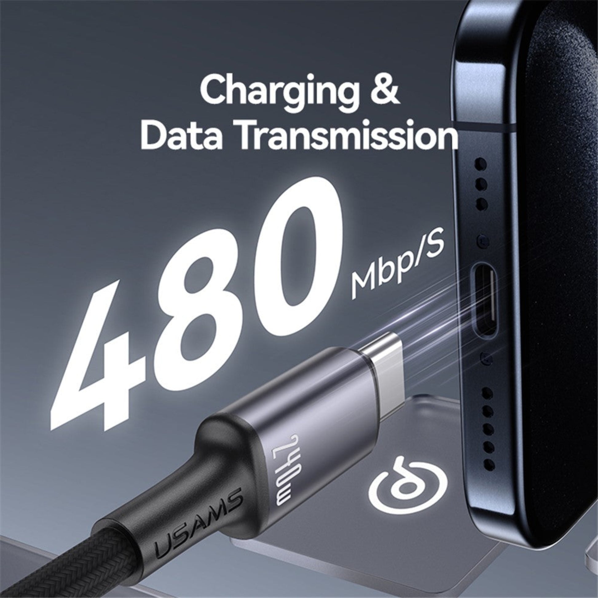 The USAMS 240W Type-C cable plugged into a smartphone, illustrating 480 Mbp/s data transmission speed.