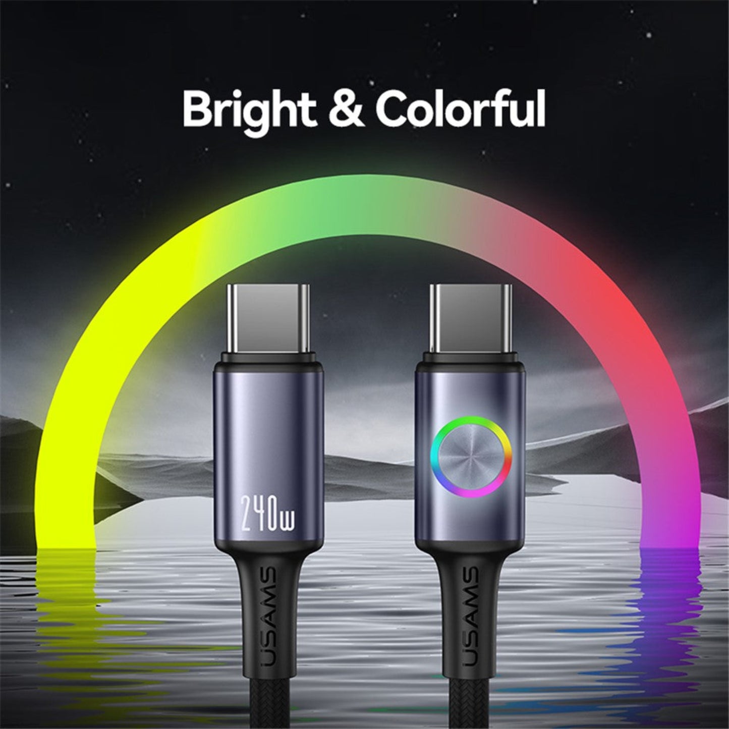 Two USAMS 240W USB-C connectors side-by-side, one with the RGB light on, under a bright rainbow arch.