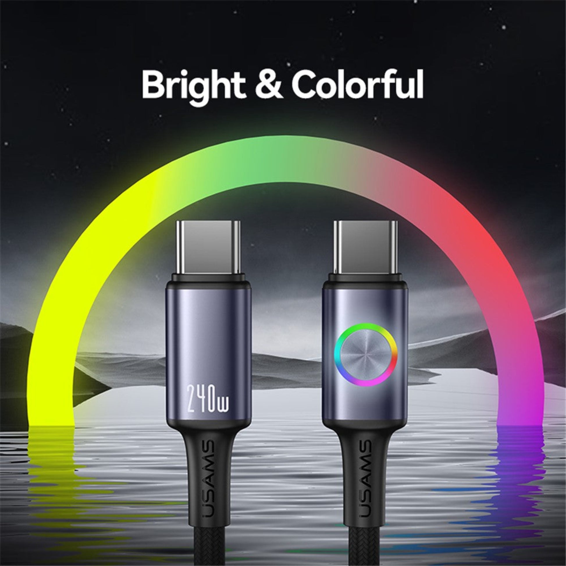 Two USAMS 240W USB-C connectors side-by-side, one with the RGB light on, under a bright rainbow arch.