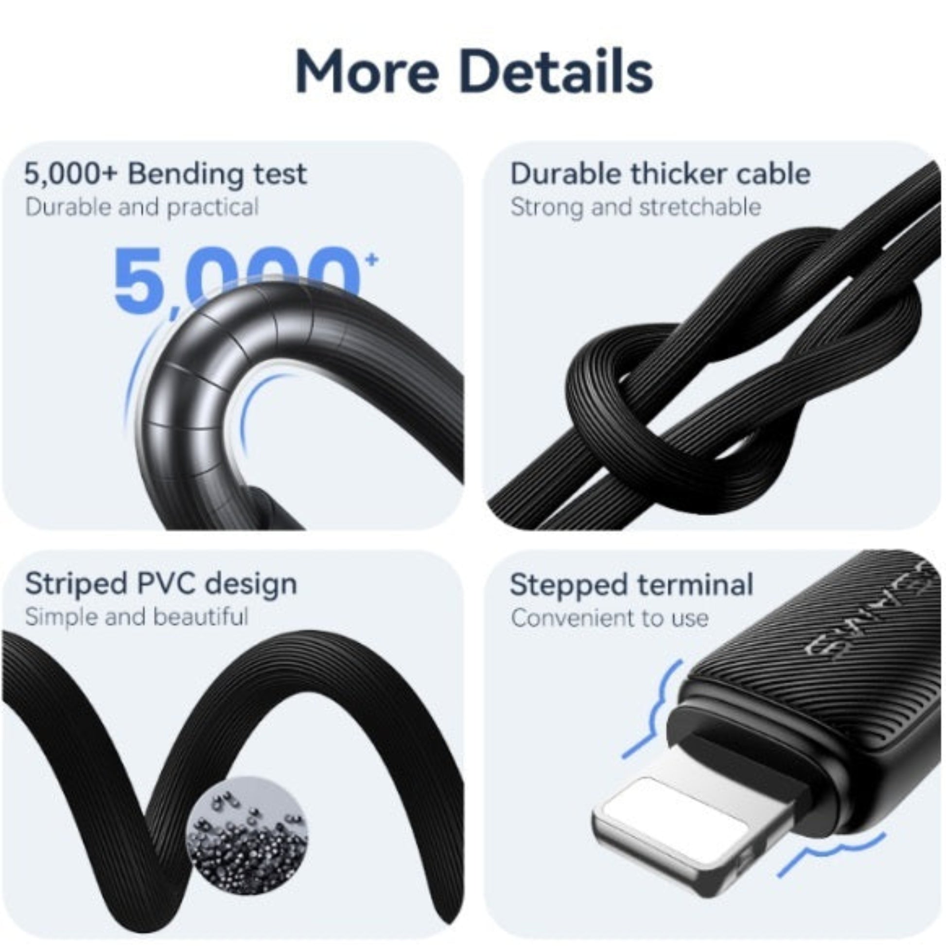 USAMS US-SJ699 data cable showing a 5,000+ bend test and durable stepped terminal design.