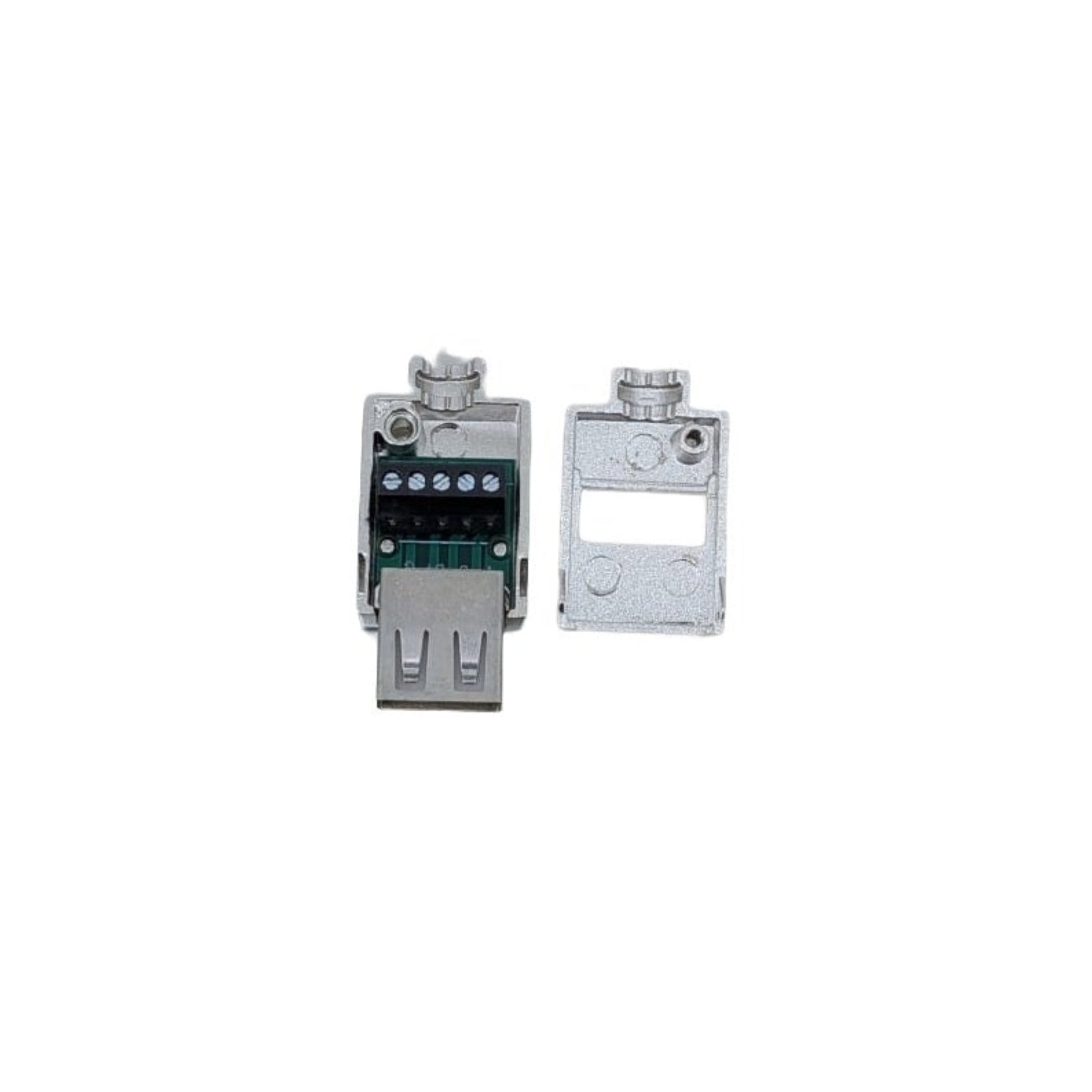 金屬 USB 2.0 免焊母頭內部結構。打開外殼可見清晰的接線端子，方便排線安裝。深水埗 20 年老字號誠意推薦實用五金及線材。