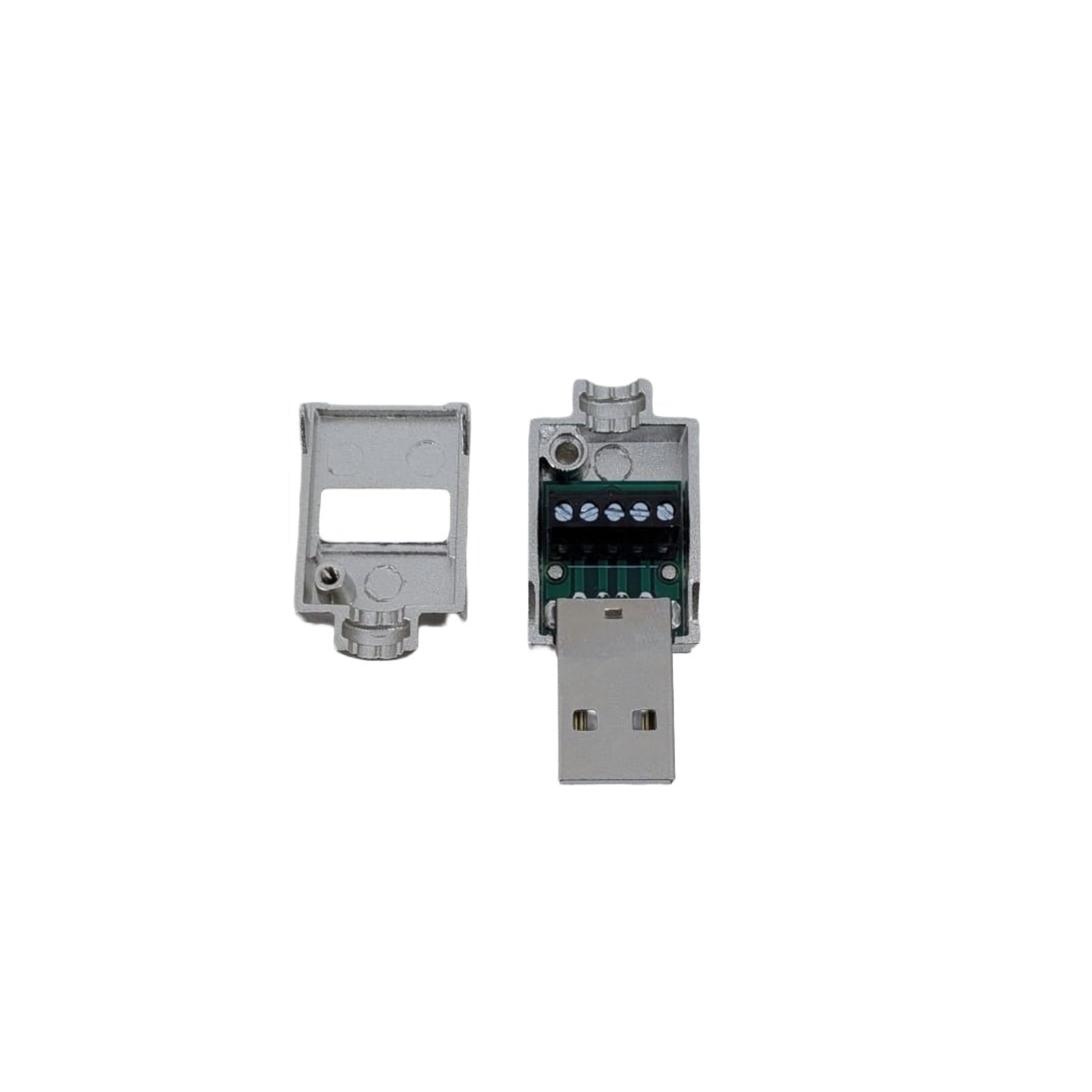 金屬 USB 2.0 免焊公頭內部端子展示。簡易螺絲上緊設計，免除使用辣雞焊接的煩惱。如需組裝教學，深水埗門市可提供專業技術建議。