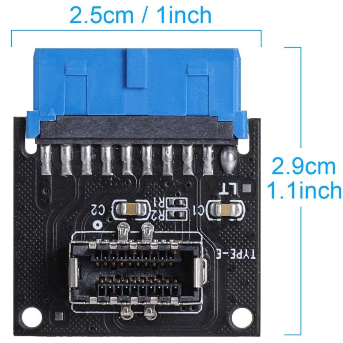 Dimensions of the USB 3.0 to Type-E adapter: 1 inch (2.5cm) width and 1.1 inch (2.9cm) height.