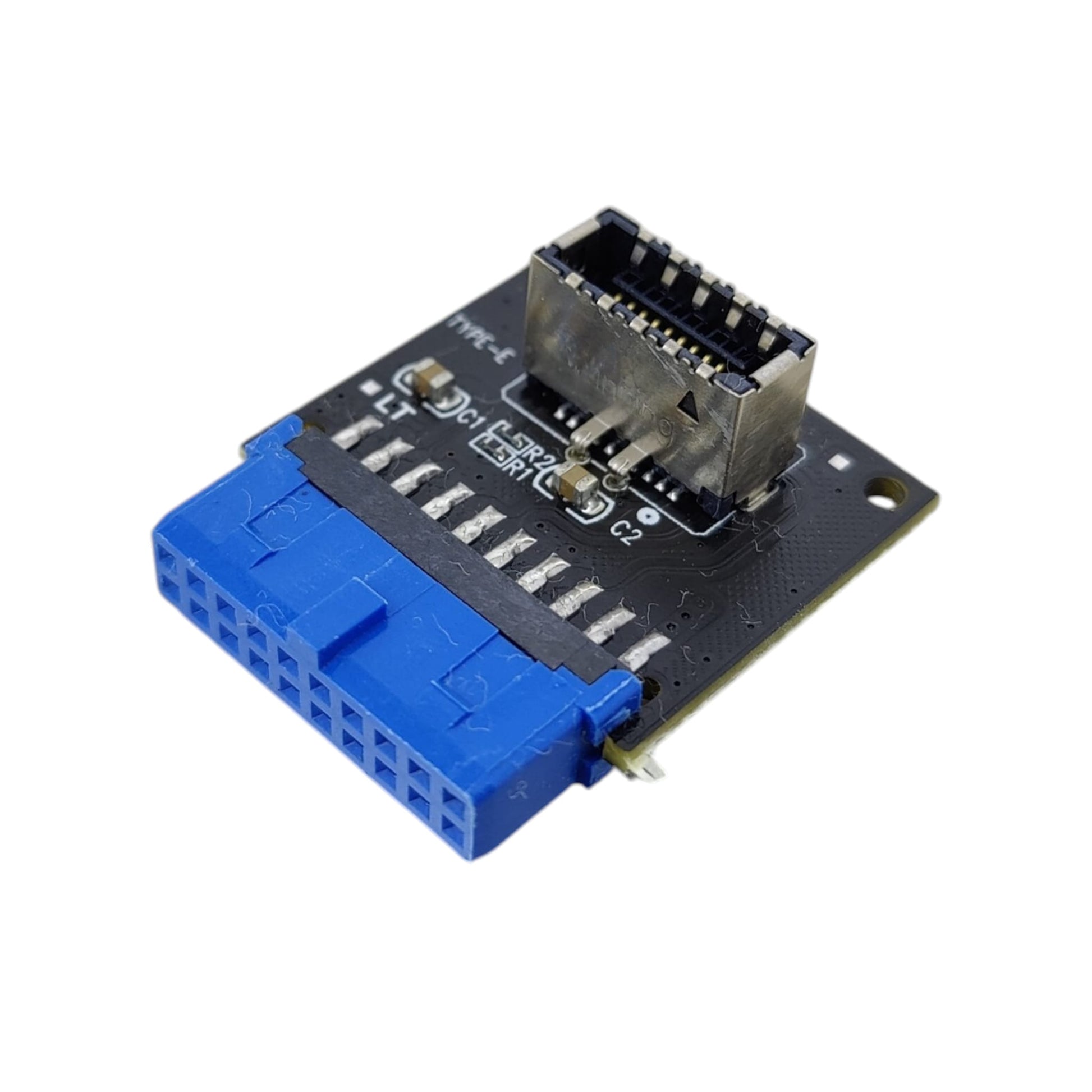 USB 3.0 19-pin to Type-E adapter showing the internal IDC 20-pin A-key connector and blue motherboard header.