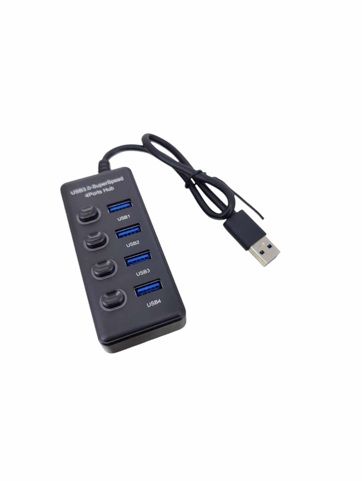 USB 3.0 4-Port Hub with individual switches for device connectivity and fast data transfer.