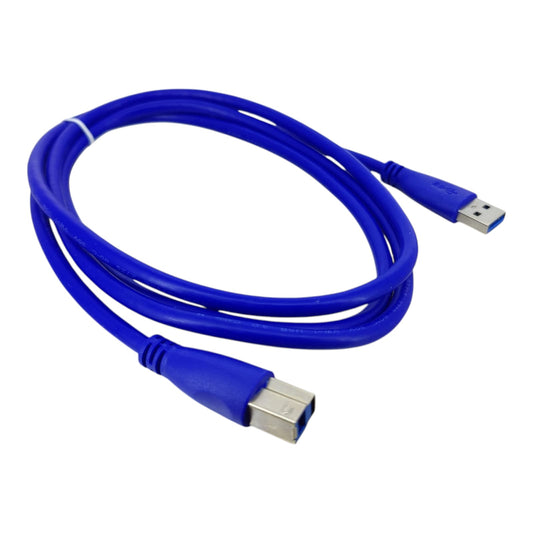 Blue USB 3.0 A Male to B Male cable coiled, showing both connectors
