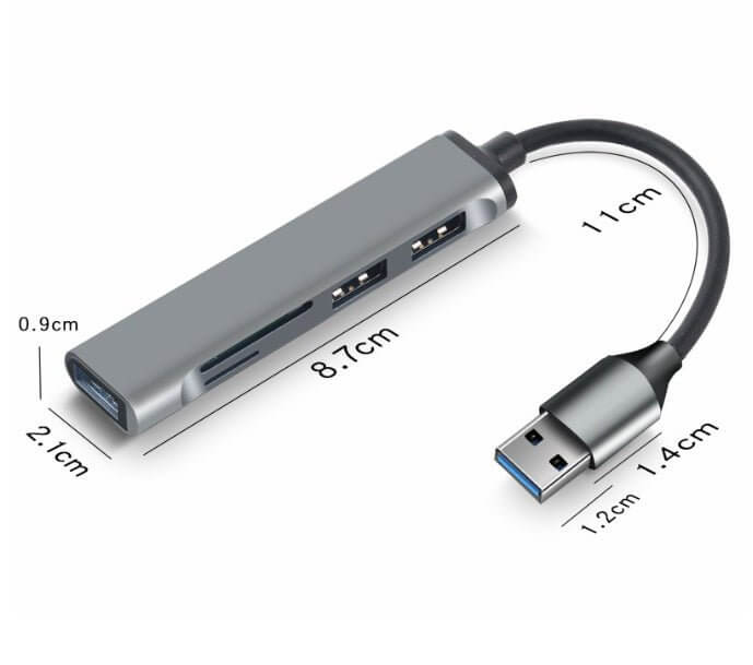 5-in-1 USB 3.0 aluminum hub and card reader with detailed dimensions for connectivity and performance.