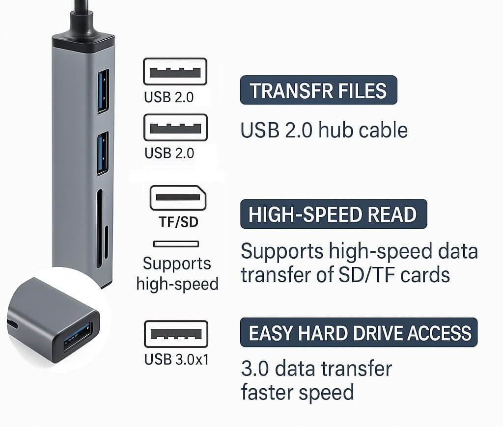 Image of a USB 3.0 5-in-1 hub showing ports and features for transferring files and high-speed access.