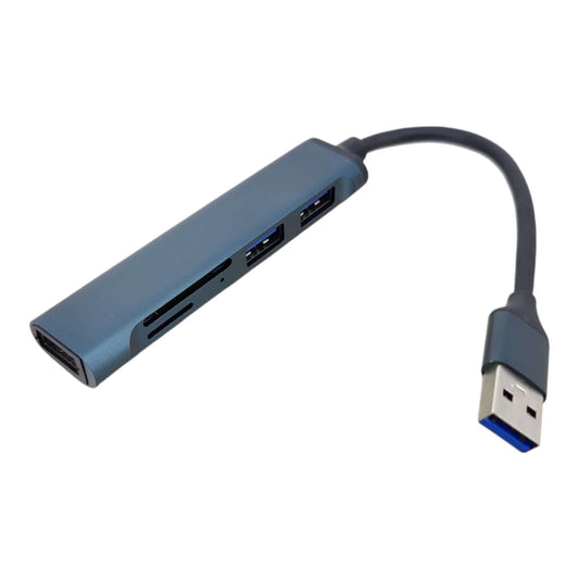 USB 3.0 5-in-1 aluminum hub with card reader, designed for MacBook and laptops, enhancing connectivity and performance.