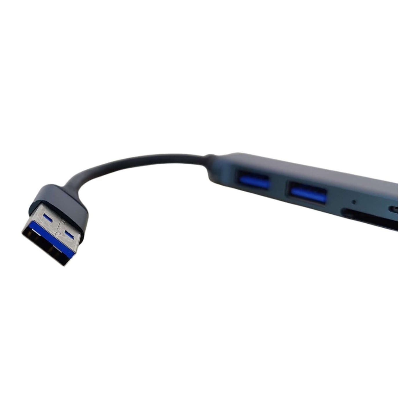 USB 3.0 5-in-1 aluminum hub with multiple ports for enhanced laptop connectivity.