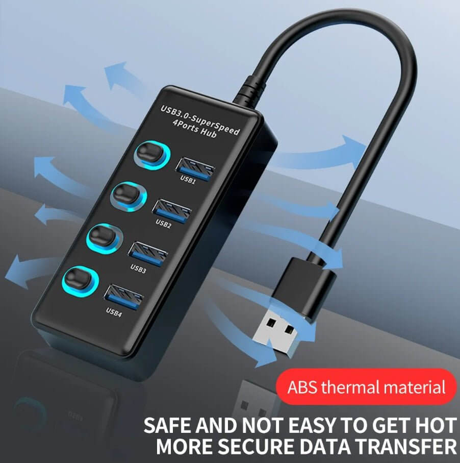 USB 3.0 4-port hub featuring individual switches, designed for safe and fast data transfer with ABS thermal material.