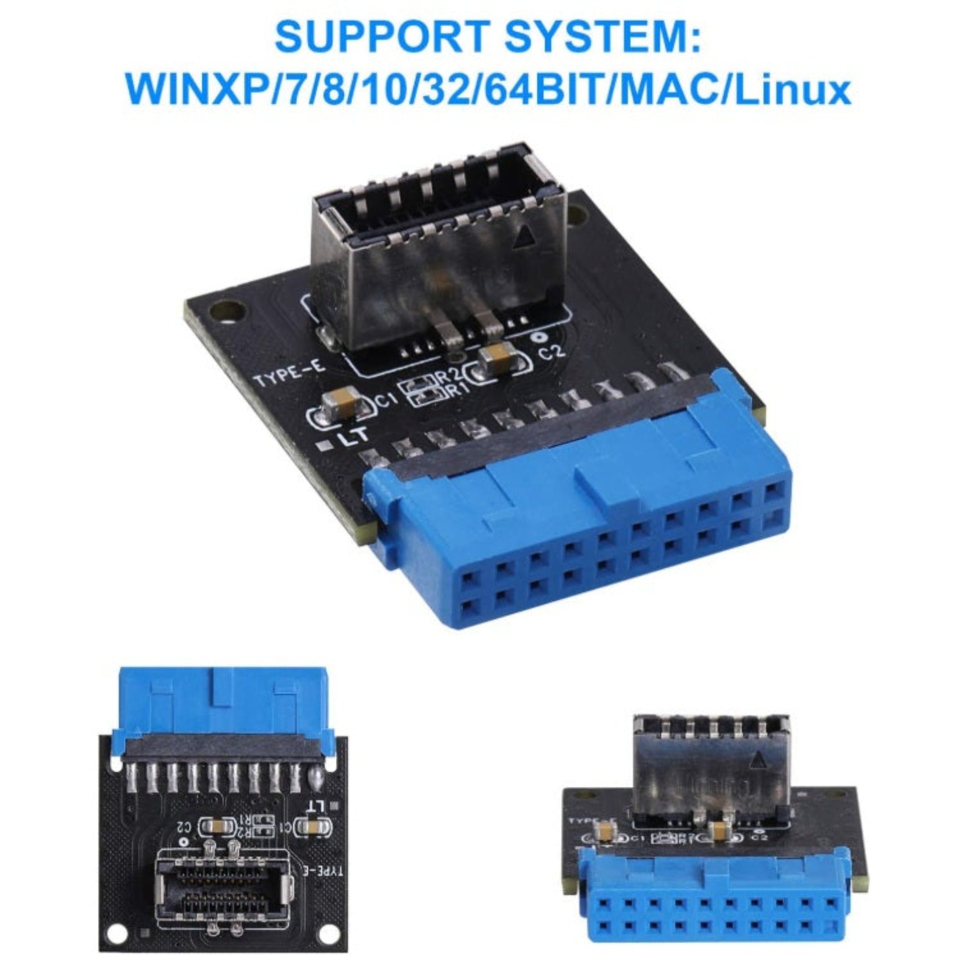 USB 3.0 to Type-E adapter supporting Windows XP, 7, 8, 10, Mac OS, and Linux systems.
