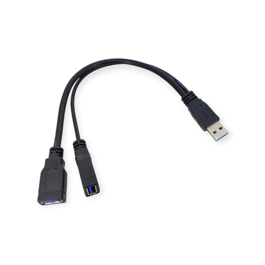Black USB 3.0 Y-splitter cable showing one male and two female connectors for data and extra power.